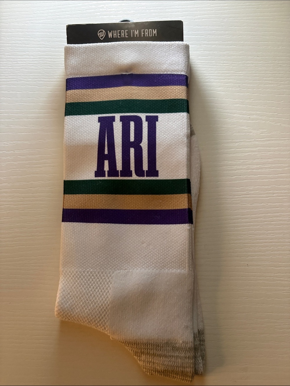 ARI White Crew Socks with Purple & Green Stripes